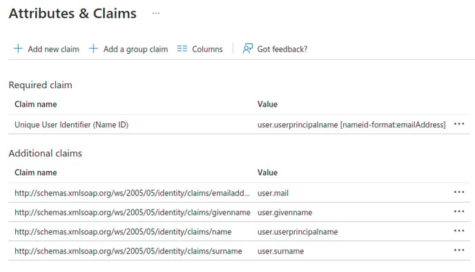 Azure AD SAML attributes and claims complete