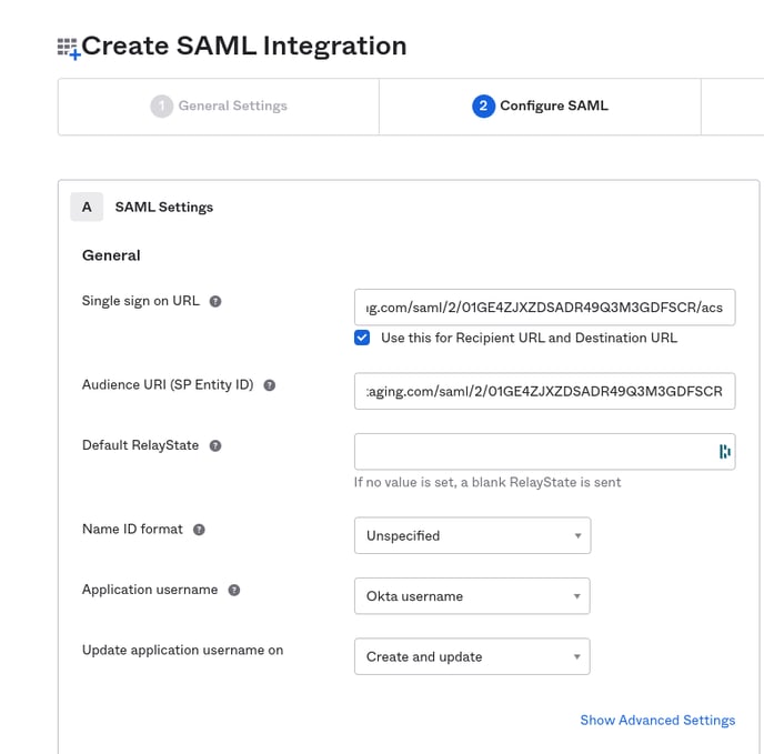 Create SAML integration step 2 Okta