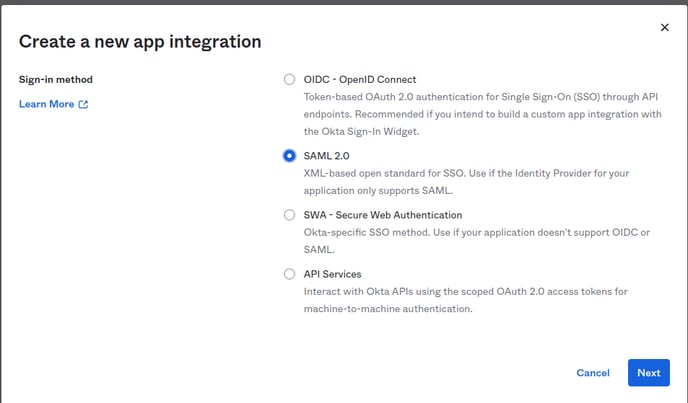 Create a new Okta app integration