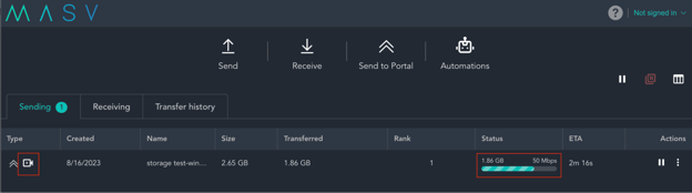 Screenshot of transfer progress for a growing file