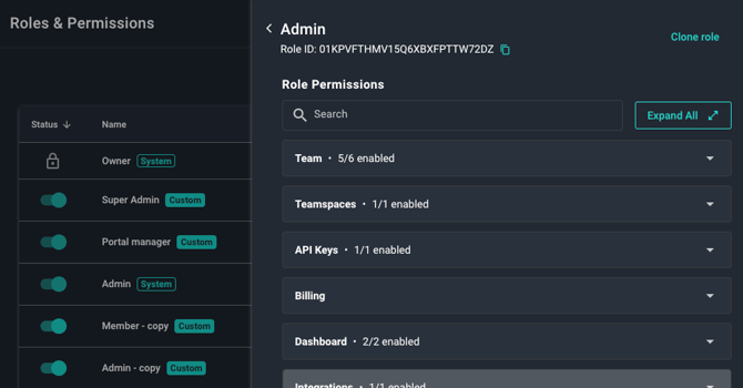 A screen capture of the MASV permissions panel and some of the permissions for the Admin role.