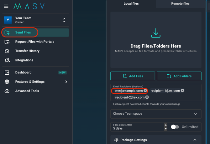 Screen capture of the MASV Web App Send Files page.