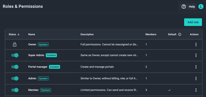 A screen capture of the Roles & Permissions page in the MASV Web App.