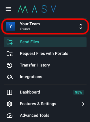 Screen capture of the MASV Web App sidebar with Team menu selected.