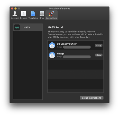 PostLab preferences, MASV integration