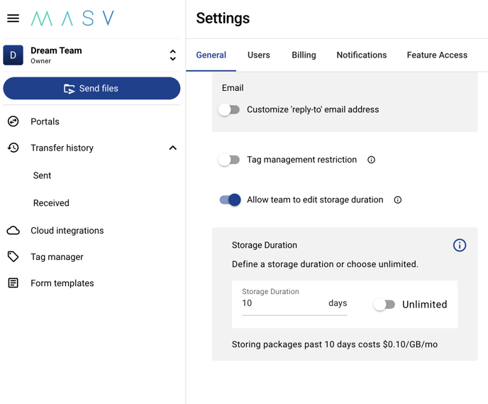 MASV extended storage settings