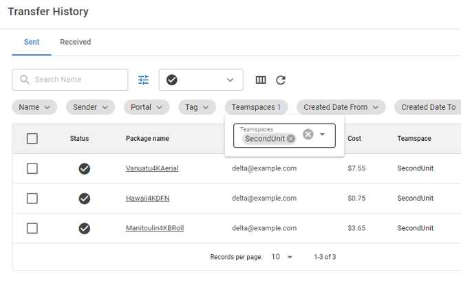 Filtering Transfer History for a Teamspace
