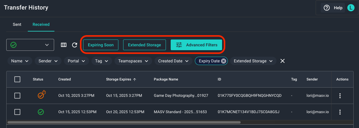 How to view and manage packages in the MASV Transfer History