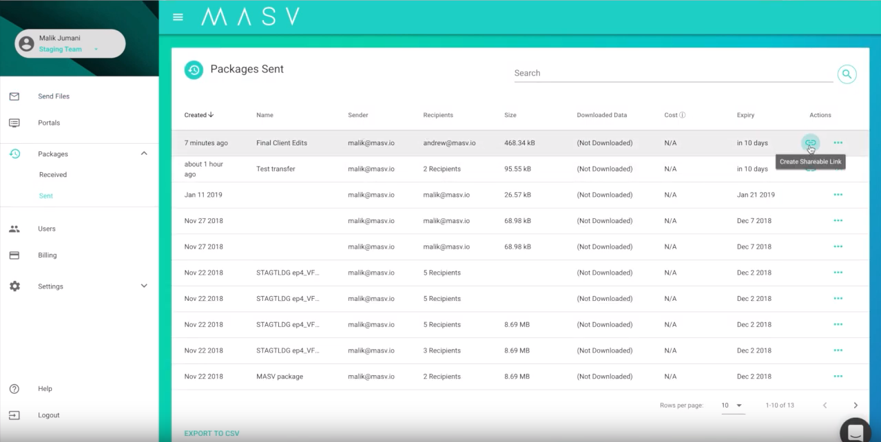 MASV Packages sent history dashboard
