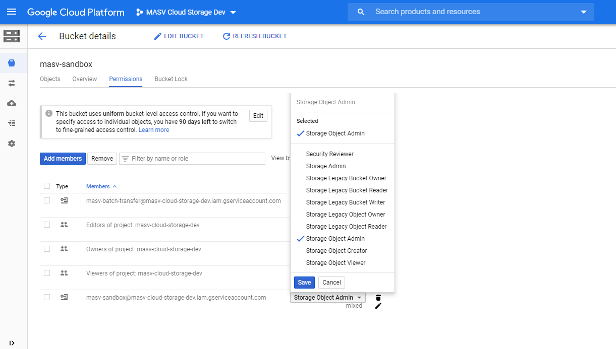 Google Cloud Platform MASV bucket details