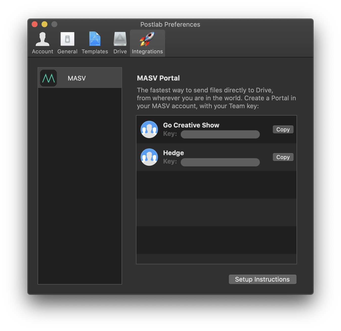 PostLab preferences, MASV integration