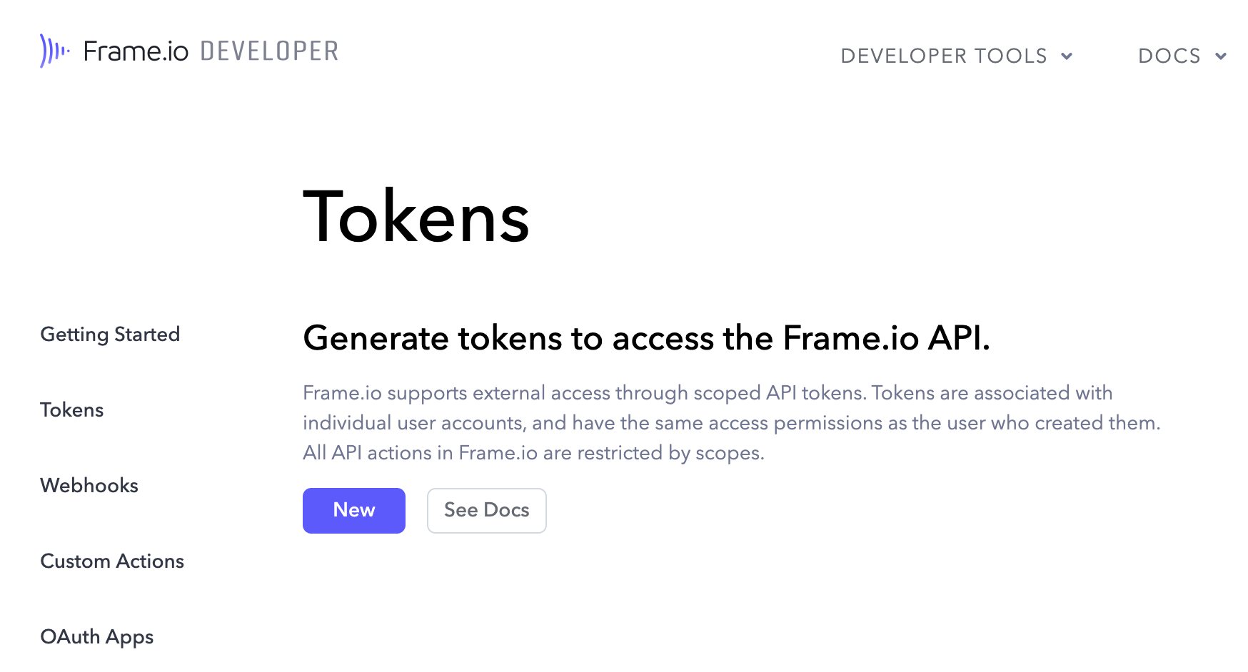 Frame.io developer tokens