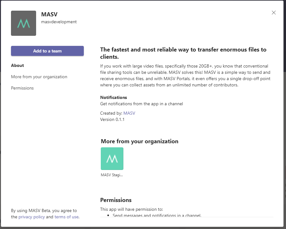 MASV app description within Microsoft Teams
